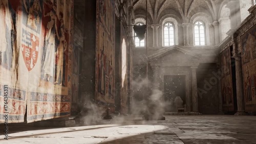 Sunlit Medieval Hall with Dust Motes and Arched Windows.