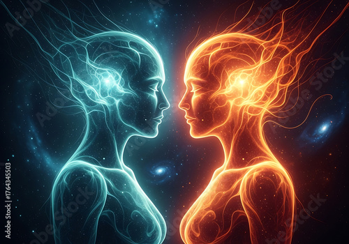 Cosmic connection two ethereal figures facing each other in a starry nebula