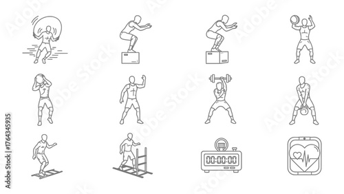 Workout Routines: Illustrated compilation of dynamic workout routines, capturing various fitness activities for a comprehensive exercise regimen.