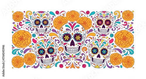Vibrant Dia de los Muertos skulls with marigolds for a festive and colorful celebration