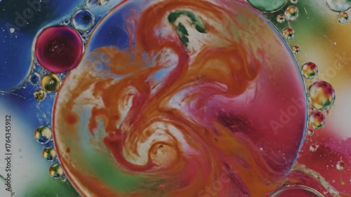 Vibrant Oil and Water Abstract Background with Colorful Bubbles and Swirling Patterns.