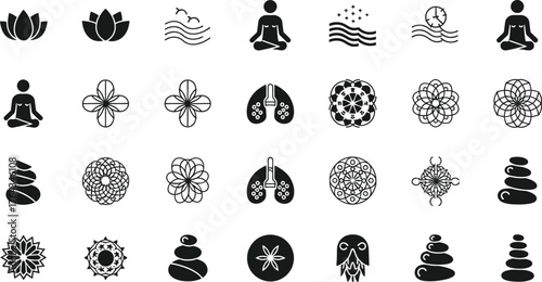 Collection of abstract spiritual and wellness symbols including lotus flowers meditating figures water waves and stacked stones isolated on transparent background