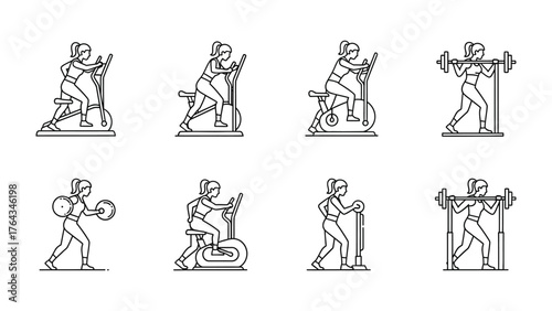 Fitness Routine Icons: A comprehensive set of line art icons depicting diverse fitness activities, from cardio machines to weightlifting exercises, to help users create effective workout routines