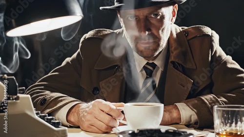 Vintage Detective Working Late Night with Typewriter and Coffee.