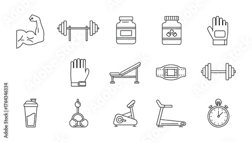 Fitness Icon Collection: A meticulously curated assembly of essential fitness icons, encapsulating the tools and symbols that embody the core of exercise. Perfect for conveying concepts of strength.