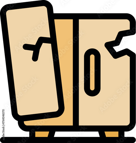 Refrigerator breaking down, door falling off, symbolizing appliance malfunction and the need for repair or replacement
