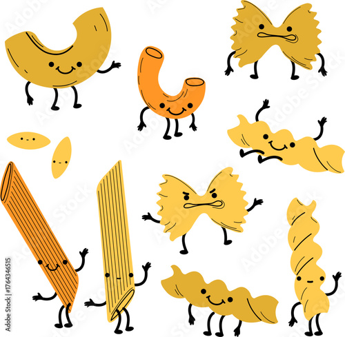 Italian cuisine, various cute noodle characters. Set of different types and shapes of funny pasta cartoon. Farfalle, penne, spaghetti, elbow pasta, orzo and fusilli. Vector illustration
