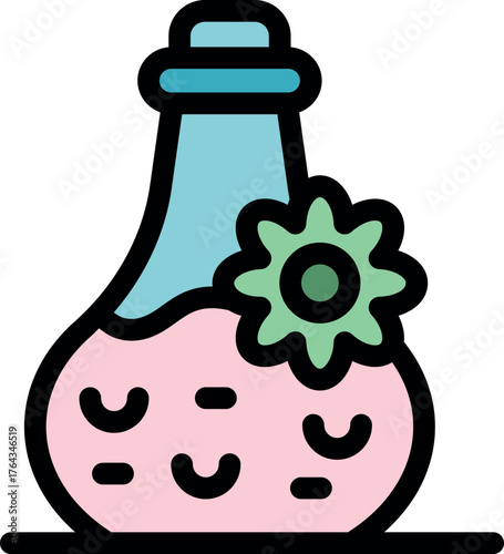 Cartoon illustration of a pink potion bottle with a green flower and blue top, ideal for fantasy or magical themed projects