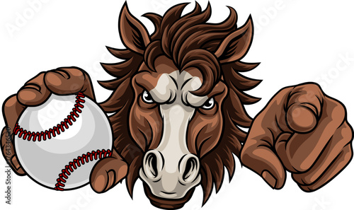 Horse mustang bronco stallion baseball softball angry sports team mascot holding a ball.
