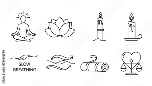 Harmony in Contemplation: An ensemble of essential elements embodies serenity, comprising a meditating figure, lotus bloom, lit candles, soothing breath, yoga mat, and scales.