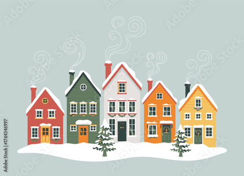 Flat Style Winter Houses on Snowy Streets, Christmas Vector Illustration with Snow-Covered Roofs and Isolated Holiday Homes, Peaceful Seasonal Landscape in Cold Skid-Prone Weather