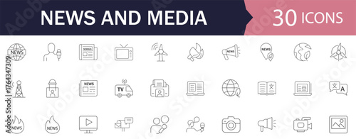 News Media Web line editable icon set. Includes TV, radio, newspaper, magazine, broadcasting, press, interviews, journalism, communication and more. Linear vector illustration.