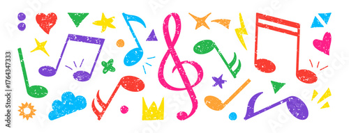 Music crayon set, shape paint brush hand drawn. Vector illustra