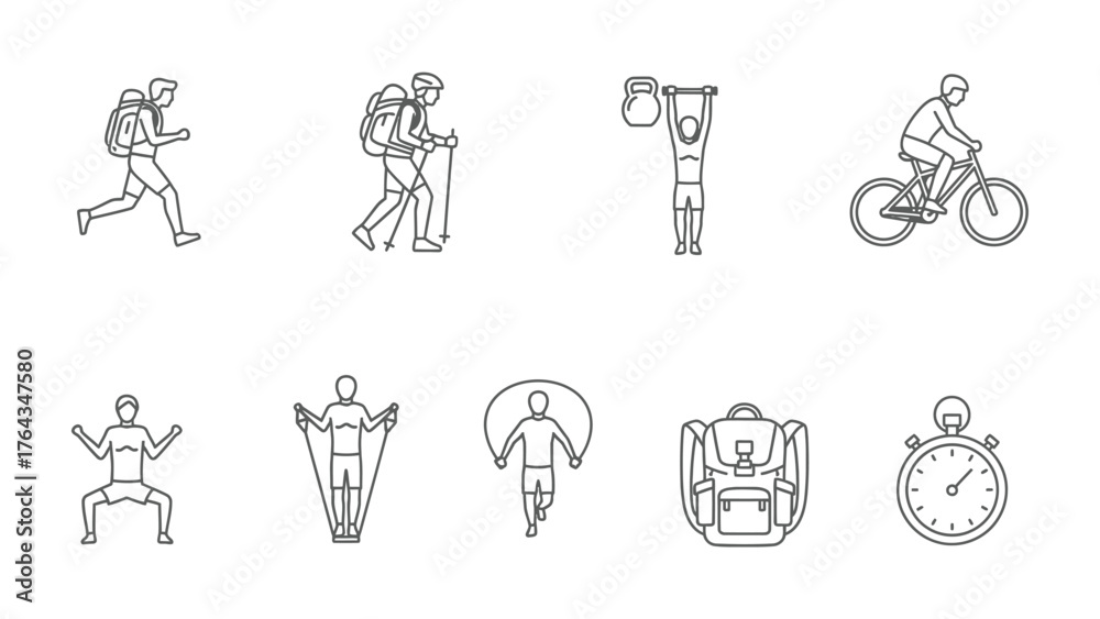 Fototapeta premium Fitness Activity Icons: A dynamic collection of minimalist line icons captures the essence of diverse fitness activities, from running and hiking to cycling and strength training.
