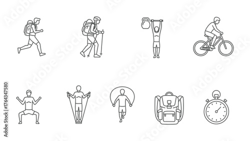 Fitness Activity Icons: A dynamic collection of minimalist line icons captures the essence of diverse fitness activities, from running and hiking to cycling and strength training.