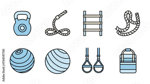Fitness Essentials: Vector icons showcasing a diverse collection of workout equipment, including kettlebell, jump rope, balance ball, suspension trainer, and climbing bars.
