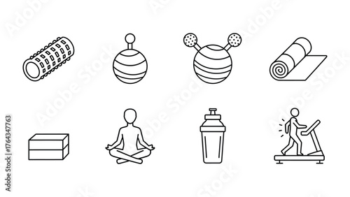 Gym Essentials: A collection of gym equipment and elements in line style, perfect for illustrating fitness, wellness, and exercise routines.