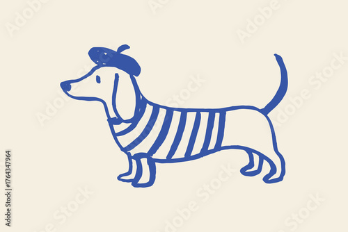 Dachshund in beret striped shirt minimalist sketch vector illustration