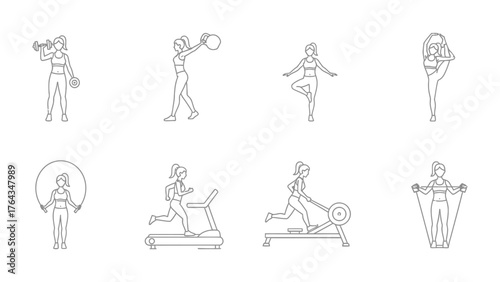 Fitness Routine: A comprehensive illustration showcasing various fitness activities, from weightlifting to cardio, symbolizing a commitment to health and wellness.