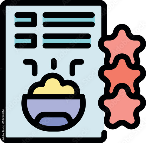 Food quality control form showing steaming hot meal and three rating stars, symbolizing quality assessment and customer satisfaction