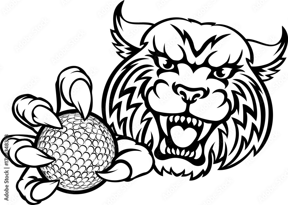 Obraz premium A wildcat or bobcat with golf ball sports team cartoon animal mascot