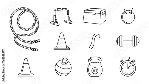 Fitness Essentials: A collection of essential fitness equipment, meticulously illustrated, designed for workouts, showcasing tools for achieving fitness goals, healthy living, and an active lifestyle.