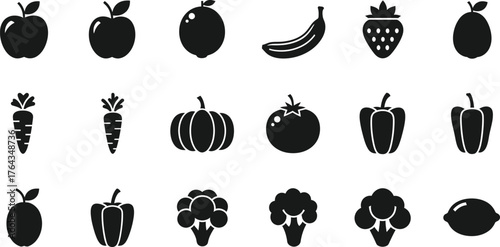 Collection of black silhouette icons representing various fruits and vegetables isolated on transparent background