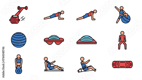 Fitness Icons: A dynamic collection of vibrant fitness icons showcasing various exercise routines and equipment.