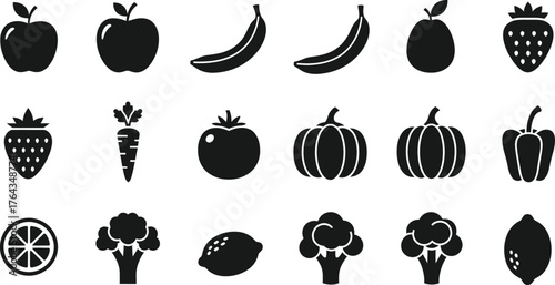Collection of fresh healthy fruits and vegetables icons silhouette isolated on transparent background