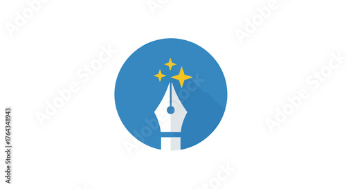 Elegant Fountain Pen Nib with Sparkles in Blue Circle.