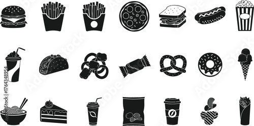 Collection of black silhouette fast food and sweet treats icons isolated on transparent background