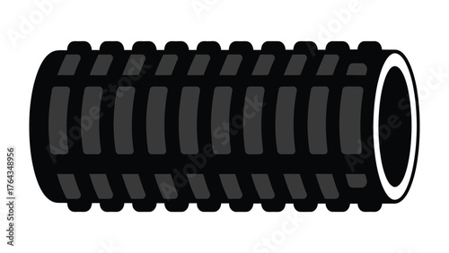 Massage Roller: High-angle, close-up shot of a black foam roller, highlighting its cylindrical shape, texture, and role in fitness and relaxation. A symbol of self-care and muscle recovery.