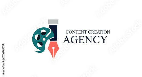 Content Creation Agency Logo Design with Film Reel and Pen Nib.