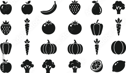 Collection of hand drawn black fruit and vegetable icons isolated on transparent background