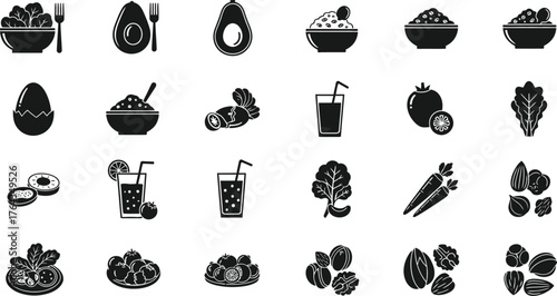 Collection of healthy food and drink icons representing fruits vegetables and meals isolated on transparent background