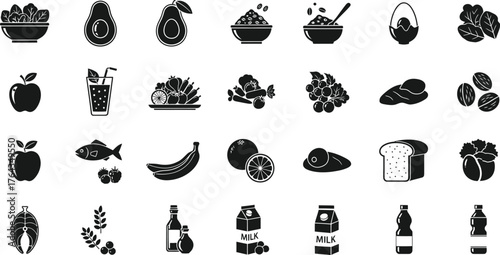 Collection of various food icons and symbols representing healthy eating and groceries isolated on transparent background