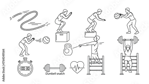 Fitness Icons: A collection of meticulously drawn fitness icons representing various exercises and workout equipment, ideal for illustrating health and wellness concepts.