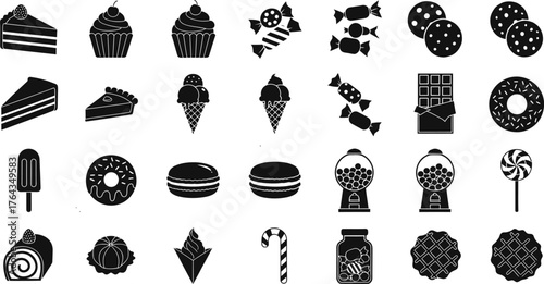 Collection of black and white silhouette icons of various sweet desserts and candies isolated on transparent background
