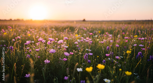 Golden hour sunset over a wildflower meadow