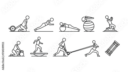 Diverse Fitness Exercises: A collection of meticulously outlined illustrations showcases a range of exercises, each person demonstrating distinct movement, conveying a sense of physical conditioning.