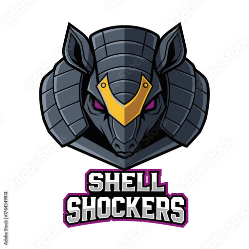 A fierce armadillo mascot wearing samurai armor with glowing purple eyes for the Shell Shockers esports team.