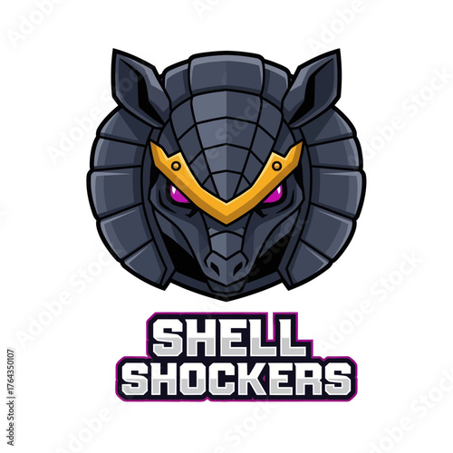 A stylized illustration of an armored armadillo head with glowing eyes and text below.