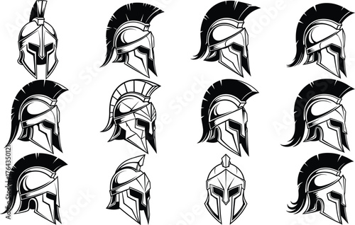 Ancient warrior helmet vector, Greek Roman armor illustration, black and white battle headgear design, historical military crest artwork, vintage helmet icons