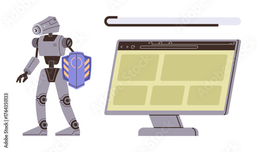Robot holding a shield stands beside a browser screen and loading bar, symbolizing cybersecurity and digital defense. Ideal for concepts thumbs up data protection, internet safety, AI, and tech