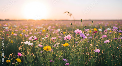 Vibrant wildflower meadow at sunset with soft golden light