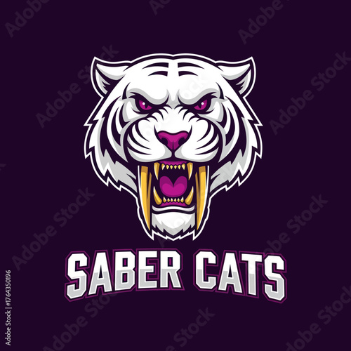 An aggressive white saber-toothed tiger mascot logo with glowing purple eyes and the text 'Saber Cats'.