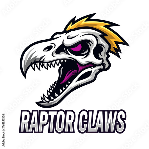 Graphic illustration of a raptor skull with glowing purple eyes and a golden mohawk, above the text "RAPTOR CLAWS".