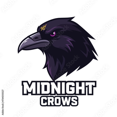 A stylized illustration of a dark purple crow's head with glowing pink eyes and a golden emblem on its forehead, set against a white background, with the tex...