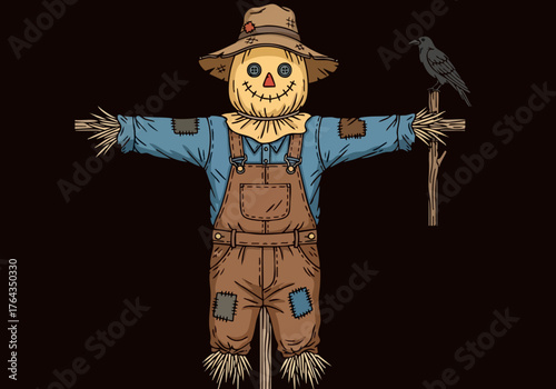 charming scarecrow stands guard complete with a crow This vintage-style illustration is perfect for autumn Halloween or farm-themed 