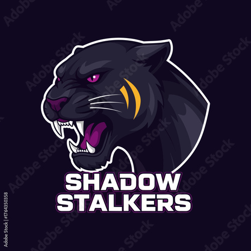 Cartoon illustration of a fierce black panther head with bared fangs, pink eyes, and yellow markings, accompanied by the text "SHADOW STALKERS".